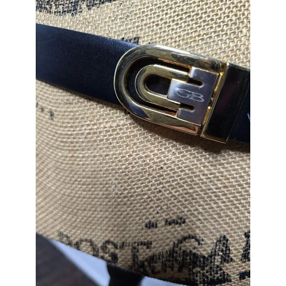 Vintage Black Leather Belt GB Signed Made in Italy Buckle